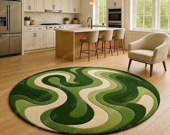 Round Green Abstract Wool Rug, Hand Tufted Modern Area Rug for Living Room Decor