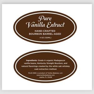 May include: A label for Pure Vanilla Extract, hand-crafted and bourbon barrel-aged. The label is brown with white text, stating the product contains 4 oz (120ml). Ingredients include vanilla beans and Kentucky Straight Bourbon.