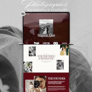 Può includere: Un modello di sito web Squarespace per fotografi intitolato Maison Élan, caratterizzato da una combinazione di colori bordeaux scuro e bianco, immagini di matrimoni e i loghi delle riviste People, Vanity Fair, GQ e Vogue su uno schermo.