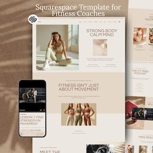 Fitness Coach Squarespace Template | Yoga, Pilates Modern Minimal Website with Podcast, Course, Blog & Shop