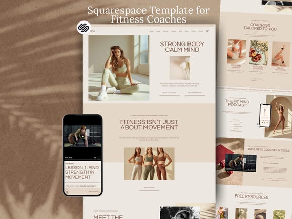 Fitness Coach Squarespace Template | Yoga, Pilates Modern Minimal Website with Podcast, Course, Blog & Shop