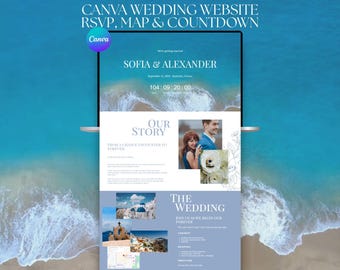 Stoffig blauwe bruiloft website canvas sjabloon uitnodiging, RSVP, kaart en aftellen, Santorini Beach (digitale download)