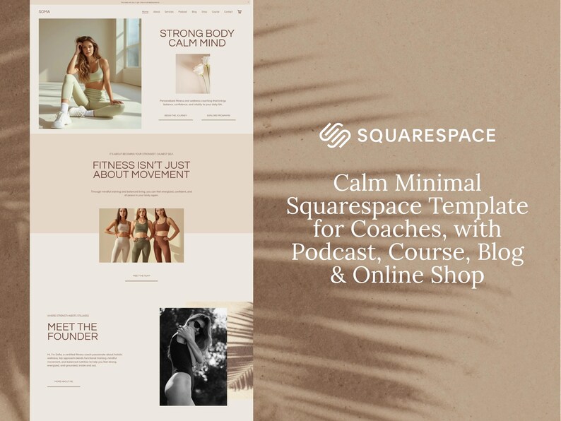 Fitness Coach Squarespace Template | Yoga, Pilates Modern Minimal Website with Podcast, Course, Blog & Shop