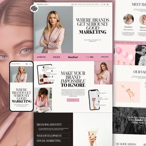 Könnte beinhalten: Webdesign mit einer Frau in einem rosa Blazer und dem Text „WHERE BRANDS GET SERIOUSLY GOOD MARKETING“. Das Design umfasst ein Smartphone- und Tablet-Mockup sowie die Logos von Vogue und BuzzFeed.