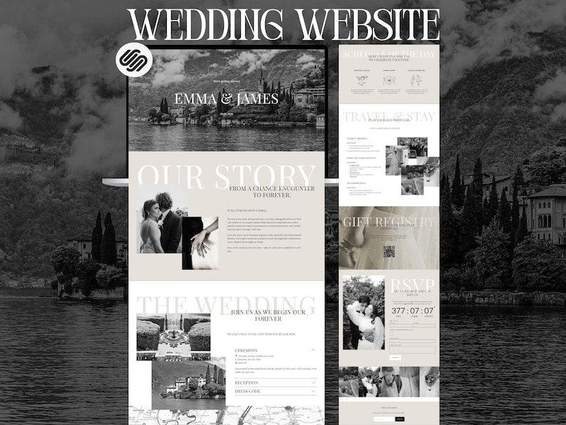 Squarespace Wedding Website Template, Italian Elegant Design, RSVP, Map