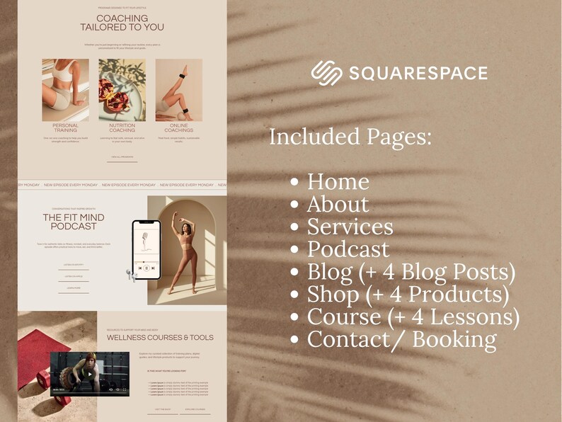 Fitness Coach Squarespace Template | Yoga, Pilates Trainer Website with Podcast, Course, Blog & Shop