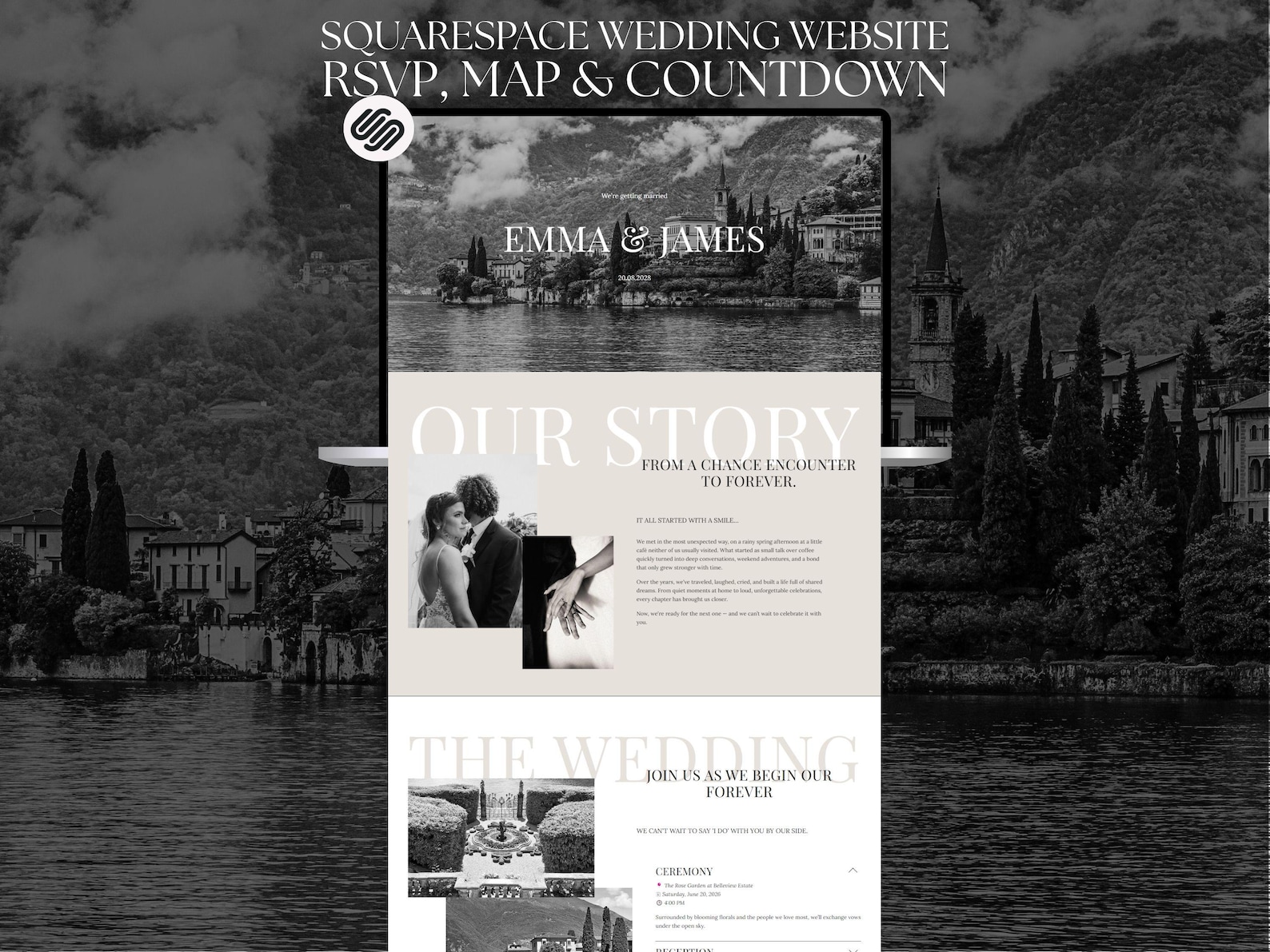 Squarespace Wedding Website Template, Italian Elegant Design, RSVP, Map