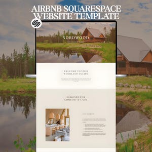 Op de afbeelding: Een laptop toont een website template met de tekst "AIRBNB SQUARESPACE WEBSITE TEMPLATE". De website toont een huisje in een bosrijke omgeving, met het woord "NORDWOOD" bovenaan. De achtergrond toont een meer en bomen.