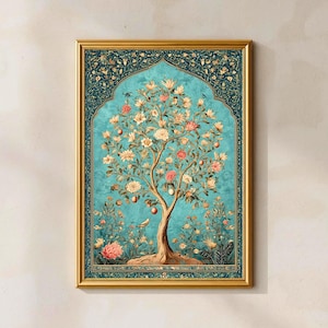 May include: A framed art print featuring a detailed illustration of a flowering tree with peaches and birds. The artwork is set against a teal background within an ornate arch, framed in gold. The tree has pink and cream-colored flowers.