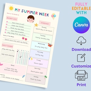 Summer Planner Kids with Picture Summer Printable School Planner Summer Kids Weekly Routine Summer Kids Printable Weekly Schedule Kids