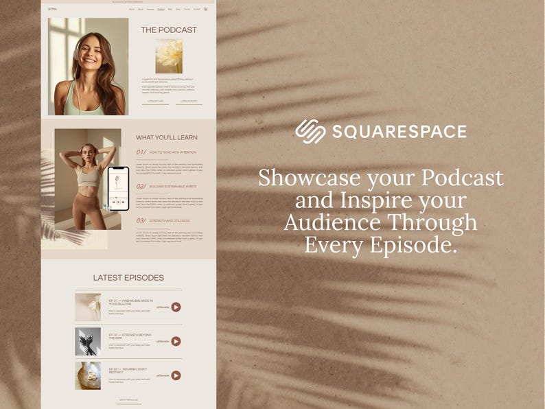 Fitness Coach Squarespace Template | Yoga, Pilates Trainer Website with Podcast, Course, Blog & Shop