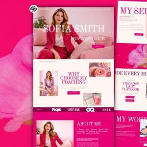 Op de afbeelding: Website-ontwerp in roze en wit. De site toont de naam "SOFIA SMITH" en de titel "BUSINESS COACH". Secties zijn onder meer "MY SERVICES", "WHY CHOOSE MY COACHING" en "MY WORKSHOPS". De site toont ook logo's van People, Vanity Fair, GQ en Vogue.