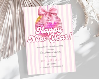 2026 New Years Party Invitation Canva Template, Disco Ball Theme NYE Invite, Instant Download