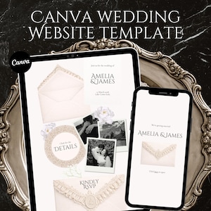 Ivory Canva Wedding Website Template, Elegant Envelope Lace, RSVP, Countdown, Embossed Monogram, Save the Date