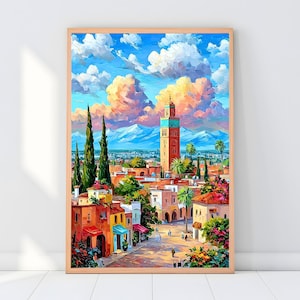 May include: A framed art print depicts a vibrant cityscape with a tall minaret, colorful buildings, and palm trees under a bright blue sky with fluffy clouds. The artwork is in a painterly style, with visible brushstrokes and warm colors.