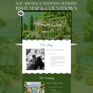 Könnte beinhalten: Eine Squarespace-Hochzeitswebsite-Vorlage auf einem Laptop-Bildschirm. Die Website hat ein grünes und weißes Farbschema mit Abschnitten für RSVP, Karte und Countdown. Die Website zeigt "William & Olivia" und ein Foto eines Paares mit einem Countdown-Timer.