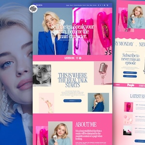 May include: Website design in pink and blue, featuring a blonde woman, a microphone, and a telephone. Text includes "Spill the tea. Speak your truth. Become the main character." and "This is where the real talk starts."