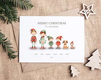 Biglietto di auguri natalizio personalizzato per la famiglia degli elfi: ricordo personalizzato delle feste