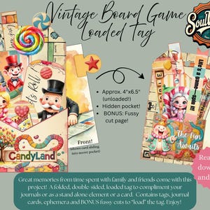 May include: A vintage-themed board game loaded tag with a Candy Land theme. The tag features colorful illustrations of game characters, candies, and the text "Candy Land." The tag is approximately 4" x 6.5" and includes a hidden pocket and fussy cut page.