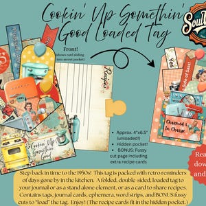 May include: A vintage-themed loaded tag with a retro kitchen design. The tag features a front and back view, with various ephemera elements like tags, journal cards, and word strips. The tag is approximately 4" x 6.5" and includes a hidden pocket.