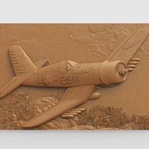 May include: A detailed relief carving of a vintage airplane, rendered in a warm, earthy brown tone. The aircraft features intricate details of the fuselage, wings, and propeller. The number "29" is visible on the side. The background depicts a textured landscape.