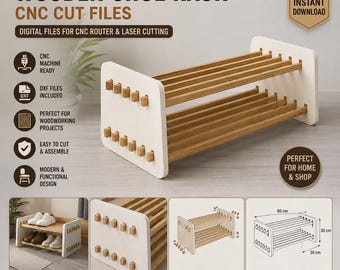 Könnte beinhalten: Ein digitales Dateiset für ein Schuhregal aus Holz mit weißen Seitenteilen und horizontalen Holzlatten. Das Design enthält den Text WOODEN SHOE RACK, CNC CUT FILES sowie Diagramme mit Abmessungen von 80 cm mal 30 cm mal 30 cm.