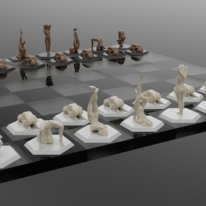 May include: A unique chess set featuring human figure sculptures as chess pieces. The pieces are in shades of brown and off-white, set on a checkered board. The board is placed on a black surface.