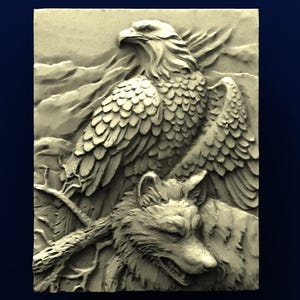 May include: A detailed relief sculpture featuring an eagle and a wolf. The eagle, with its wings spread, is positioned above the wolf. The sculpture is in a neutral color, with intricate details in the feathers and fur.