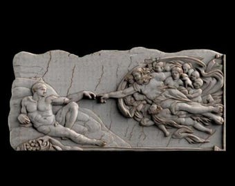 Könnte beinhalten: Eine detaillierte, cremefarbene Reliefskulptur, die die berühmte Szene der Erschaffung Adams aus der Decke der Sixtinischen Kapelle darstellt. Adam und Gott strecken die Finger aus. Der Hintergrund ist dunkel.