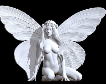 May include: A white sculpture of a fairy with large, detailed butterfly wings. The fairy is kneeling, with long flowing hair and a floral crown. The background is solid black, highlighting the figure's form.