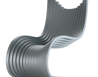 May include: A modern, gray chair with a unique design. The chair features a curved, flowing form constructed from multiple vertical slats. The back of the chair has a stepped design, and the overall aesthetic is minimalist and contemporary.
