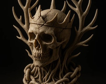May include: A detailed sculpture of a human skull wearing a crown with sharp points. The skull is surrounded by antlers and chains, all in a neutral beige color against a dark background. The artwork has a gothic or fantasy theme.