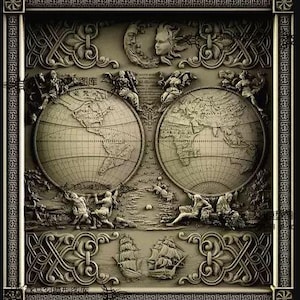 May include: A detailed, sepia-toned relief carving featuring two globes depicting the world, with figures, ships, and celestial elements. The artwork includes intricate border designs and classical imagery, suggesting a historical or cartographic theme.