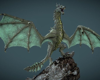 May include: A detailed sculpture of a dragon with outstretched wings, perched atop a rocky surface. The dragon features a green and gray color scheme, with intricate wing patterns and an open mouth. The background is a muted teal.