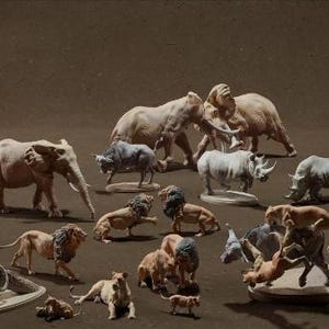 May include: A collection of detailed animal figurines, including elephants, lions, rhinos, and other African wildlife. The figurines are in various poses, with a neutral background.