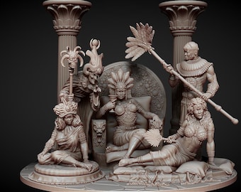 May include: A detailed sculpture depicting a regal scene with multiple figures. The central figure sits on a throne, flanked by others, including a figure holding a staff. The sculpture features intricate details and a classical aesthetic, with a neutral color palette.