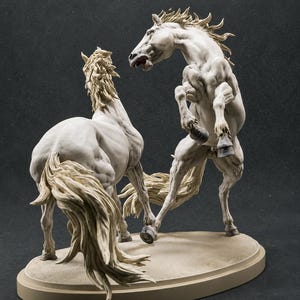 Puede incluir: Una escultura detallada en color blanco hueso que representa a dos caballos en una interacci&oacute;n din&aacute;mica. Un caballo se encabrita con la boca abierta, mientras el otro est&aacute; de espaldas con la cola al viento. Ambos sobre una base ovalada.