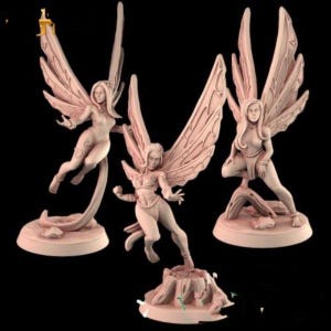 May include: Three pink fairy figurines with detailed wings and flowing hair. Each fairy is in a different pose, one mid-flight, one standing on a tree stump, and one in a dynamic pose. The figurines are set against a black background.