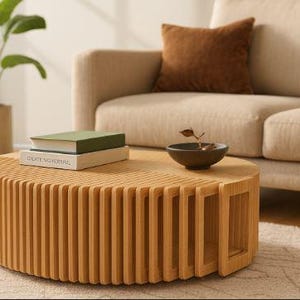 May include: A light brown, circular coffee table with a slatted design. Two books and a small bowl with a decorative element are on top. A beige sofa and a potted plant are in the background.