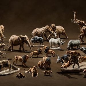 Könnte beinhalten: Eine Sammlung detaillierter Tierfiguren, darunter Elefanten, Löwen, Nashörner und Büffel. Das Set zeigt verschiedene Posen wie Stehen, Gehen und Ruhen, mit realistischen Texturen und natürlichen Farbtönen für jede einzelne Tierart.