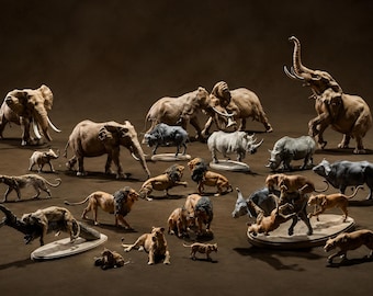 May include: A collection of detailed animal figurines including elephants, lions, rhinoceroses, and buffaloes. The set features various poses such as standing, walking, and resting, with realistic textures and natural color tones for each animal species.