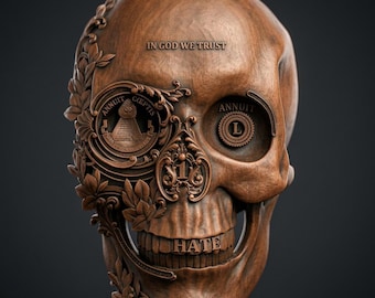 3D Skull Relief Model, Wood Carving STL File (Digital Print)