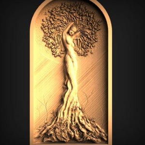 May include: A detailed relief carving of a woman morphing into a tree. The figure is in a graceful pose, with her arms raised, and her hair forming the tree's foliage. The carving is set within an arched frame, with a textured, golden-brown finish.