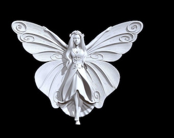 May include: A white fairy sculpture with butterfly wings, arms outstretched, and a flowing dress. The fairy has long hair and a floral crown. The wings have detailed patterns. The background is black.