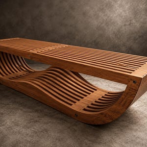 May include: A wooden bench featuring a slatted top surface and a curved, wave-like base structure. The bench is constructed from light brown wood with visible grain patterns and is held together by small metal fasteners at the ends.