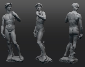 May include: A grayscale sculpture of a nude male figure, posed in three different views. The statue is on a rocky base, with detailed musculature and a classical aesthetic. The figure's hair is styled in curls.