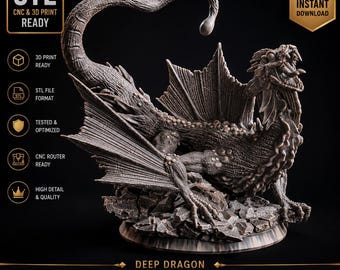 May include: A 3D digital model of a Deep Dragon creature with textured scales, large wings, and a long tail, perched on a rocky base. The image includes text labels such as STL, CNC & 3D PRINT READY, INSTANT DOWNLOAD, and DEEP DRAGON, indicating file formats.