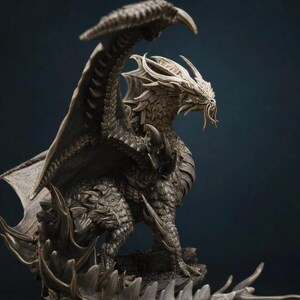 May include: A detailed dragon figurine featuring intricate scales, large wings extended upward, and sharp claws. The creature has a horned head with long whiskers and is positioned on a rocky base with spiky, dark protrusions at the bottom.