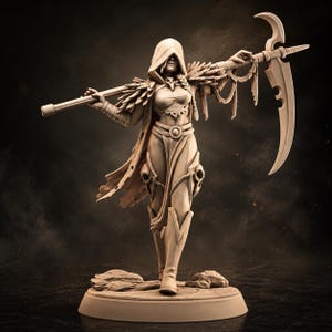 May include: A beige miniature figurine of a hooded figure wearing a feathered shoulder mantle and layered clothing. The figure holds a large scythe across the shoulders and stands on a circular base with rocky details, rendered in a solid matte finish.