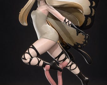 May include: A figurine of a pale-skinned elf with long blonde hair and large butterfly wings. The figure wears a light-colored leotard and black lace-up leg wraps. It is posed in a dynamic stance on a circular pink base against a dark background.